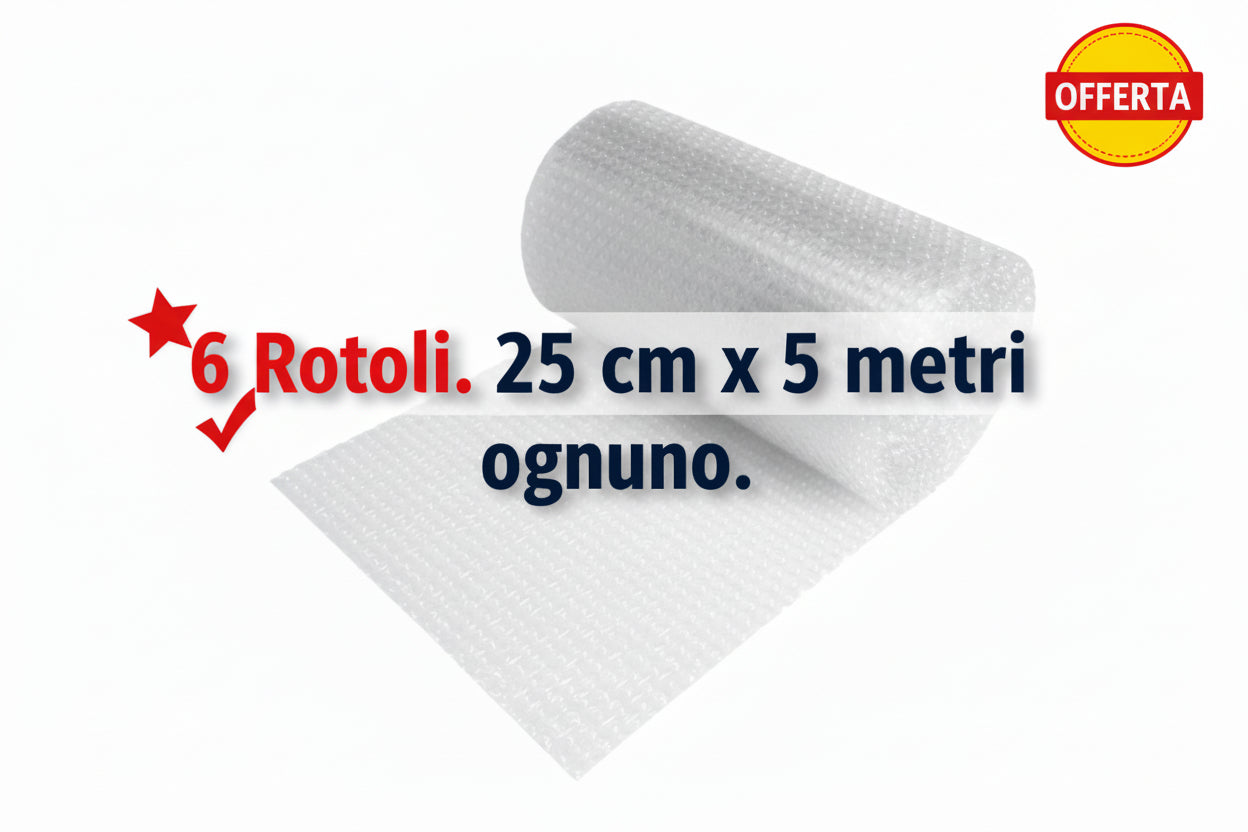 Pluriball – Confezione da 6 rotoli (25 cm × 5 mtl ogni rotolo)